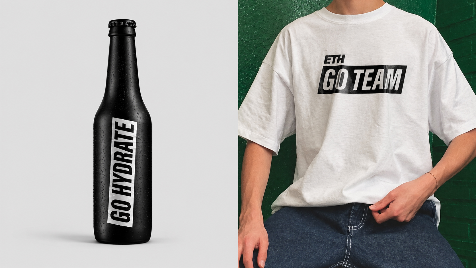 A dark bottle labelled 'Go Hydrate', and a person wearing an oversized 'ETH Go Team' t-shirt
